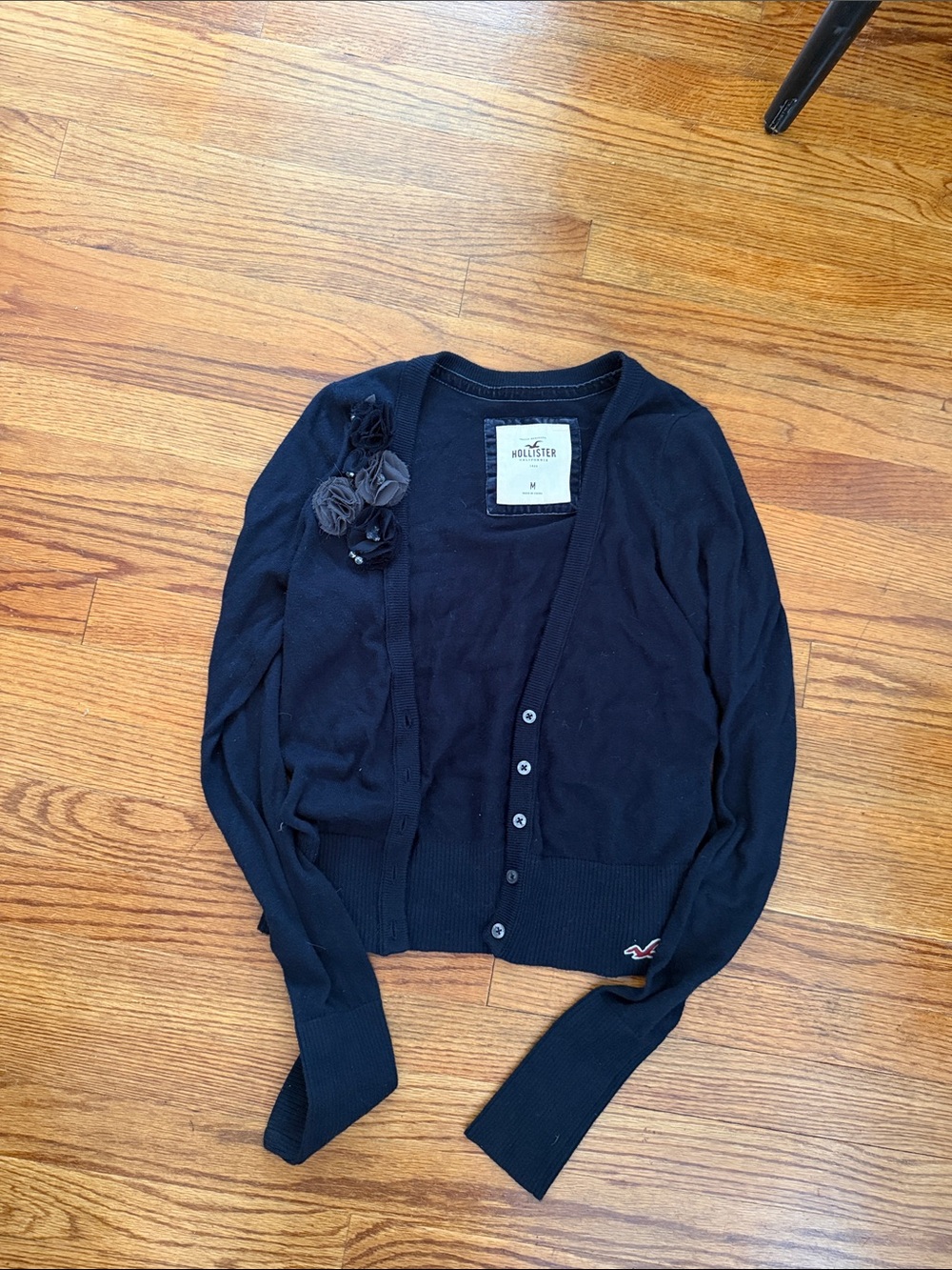 Vintage Hollister Black Women's Floral Applique Cardigan Sweater